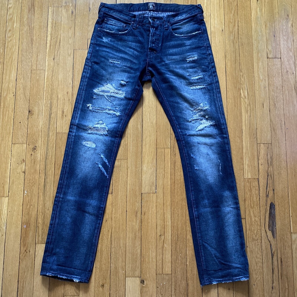 PRPS Demon Jeans Men's Size 32x33 Fit Blue Denim Button Fly Distressed Rips Tear